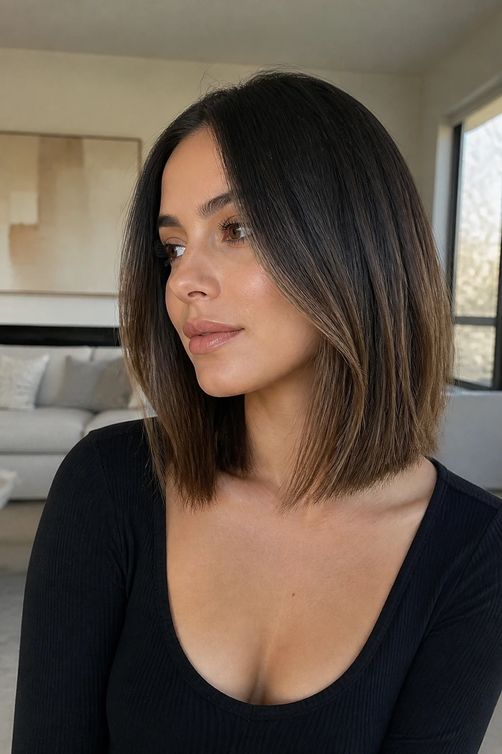 Close-up of a real woman with a collarbone-length lob and invisible layers
