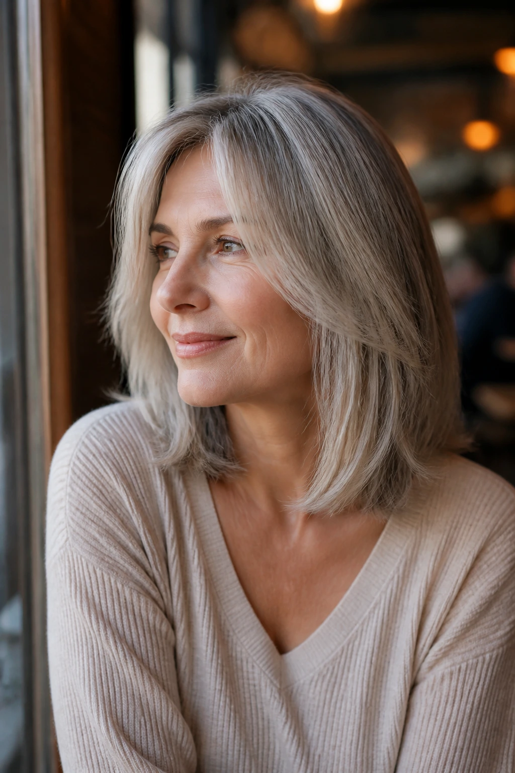 Real woman with collarbone-length lob and invisible layers in daylight
