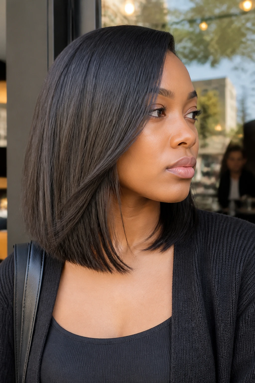 Close-up portrait of a real Black woman with collarbone-length lob and invisible layers in natural daylight