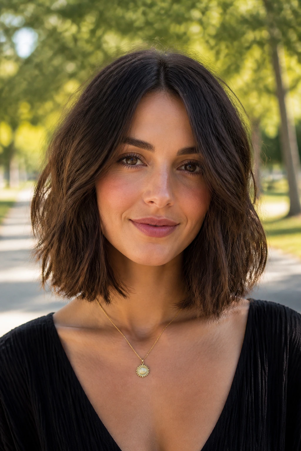 Real person wearing a collarbone-length lob with invisible layers