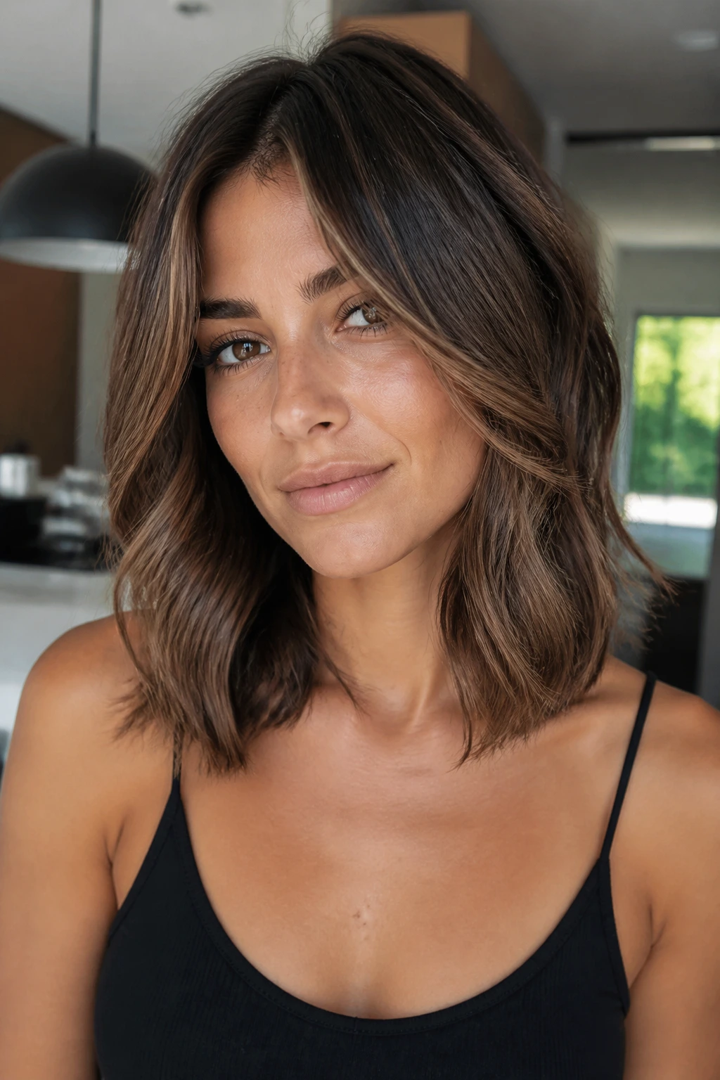 Real person with collarbone-length lob and long layers in bright daylight portrait