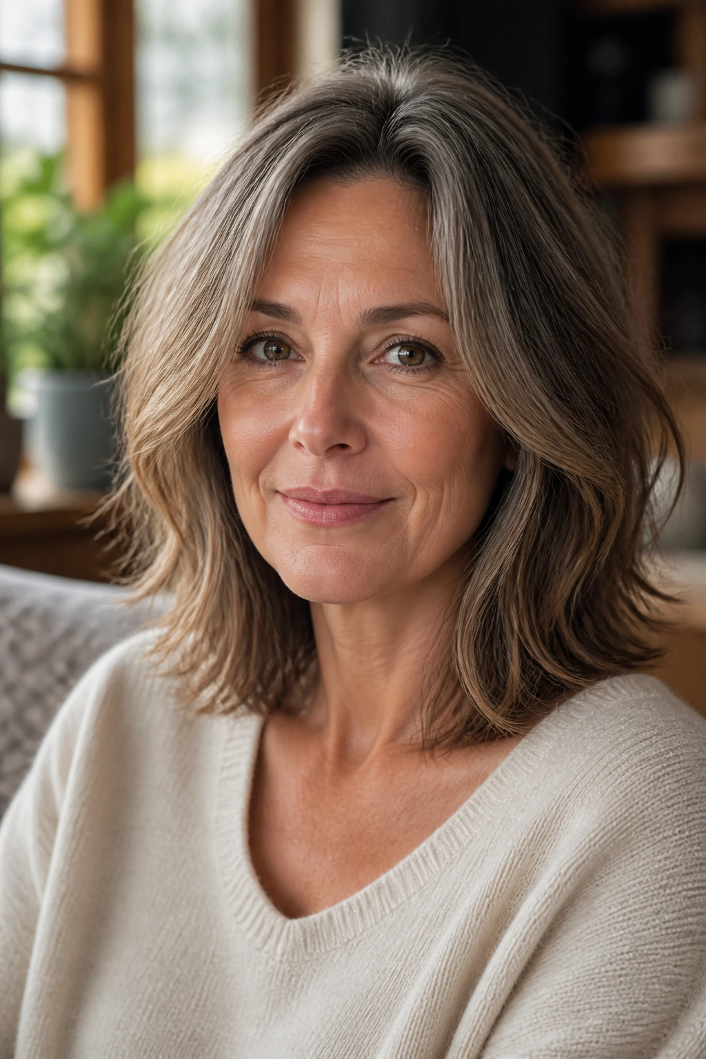 Close-up of a real woman with a collarbone-length lob and soft internal layers