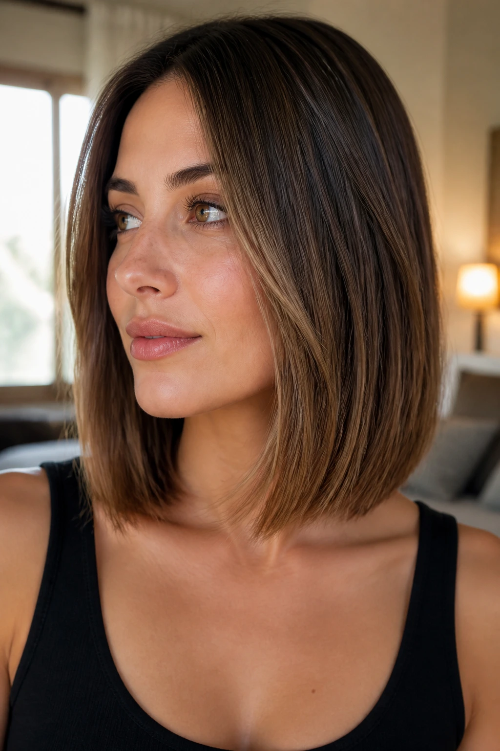 Close-up of collarbone-length blunt lob with barely-there internal layers on a real woman.