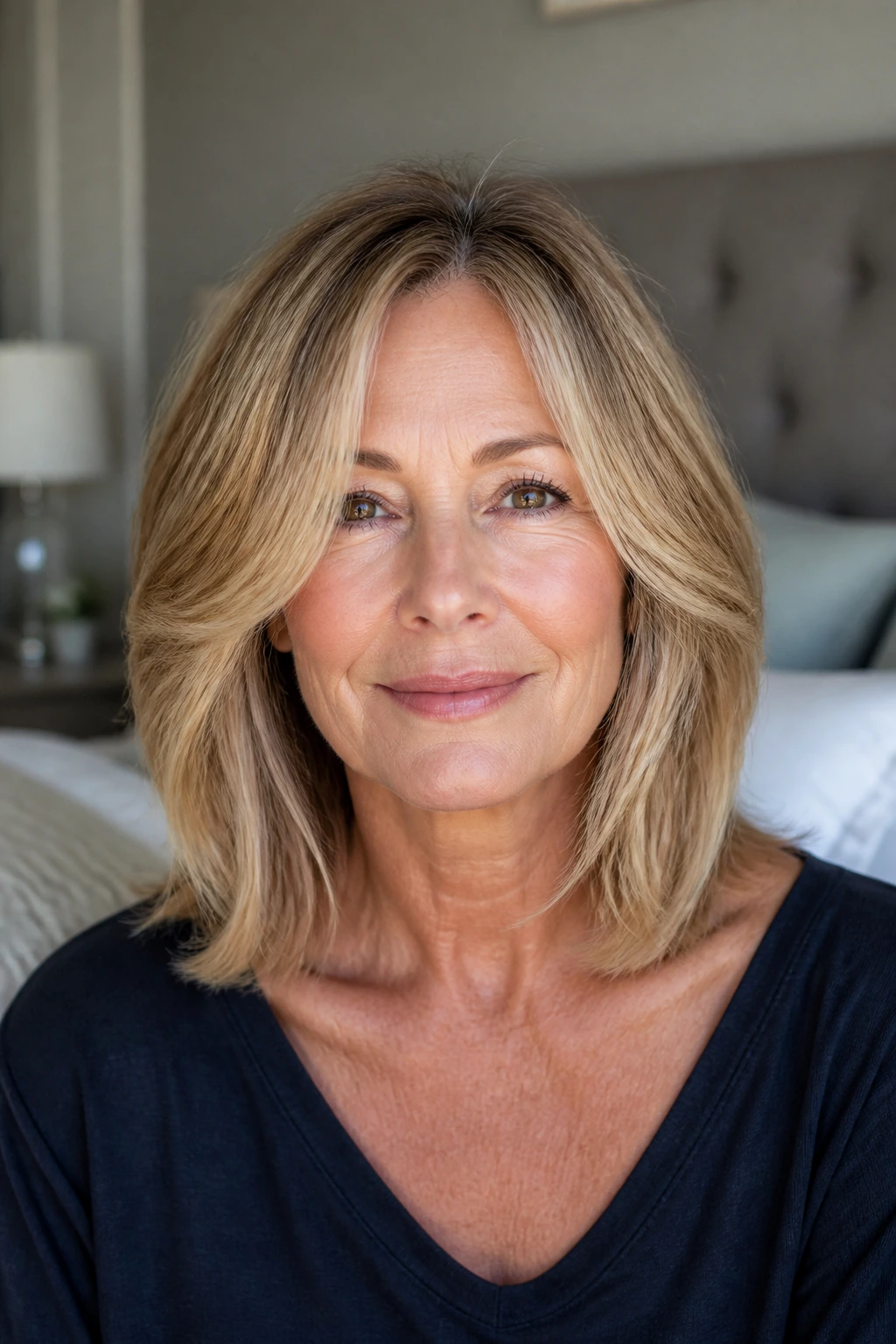 Close-up of a woman with collarbone-length lob and soft face-framing layers