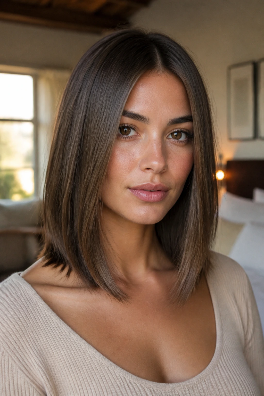 Portrait of a real woman with a collarbone-grazing lob and long layers in warm window light