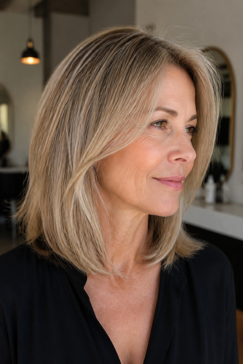 Close-up portrait of collarbone-length lob with long face-framing layers