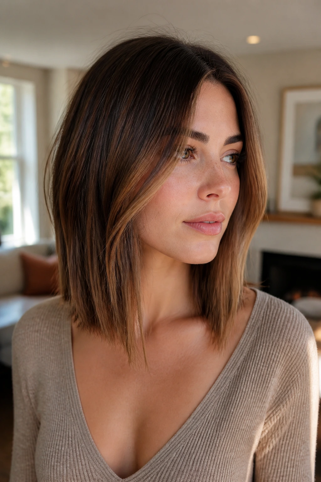 Real woman with collarbone-length lob and long face-framing pieces