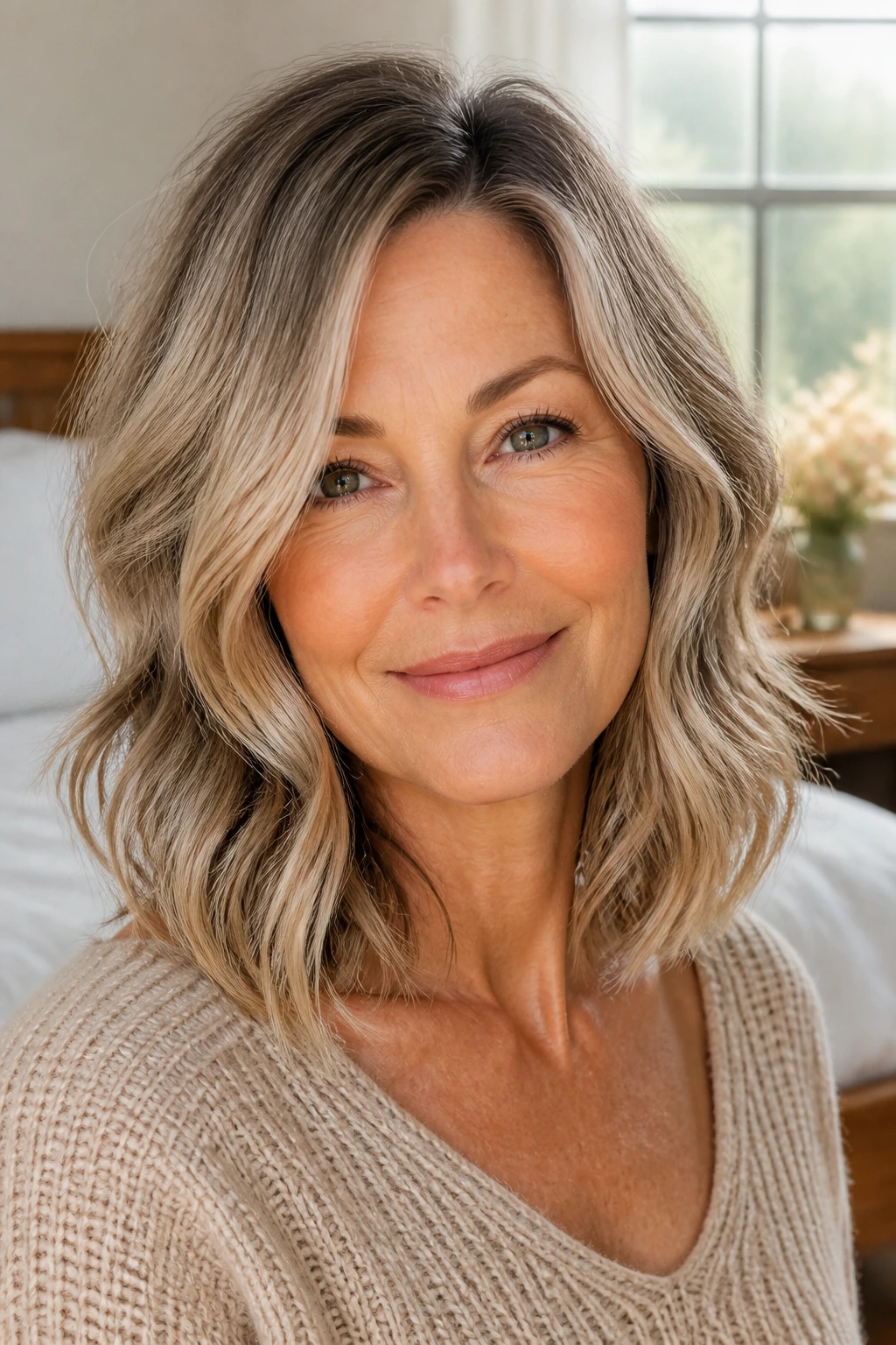 Close-up portrait of a real woman with Collarbone Lob With Loose, Airy Bends featuring a collarbone-length lob and loose bends