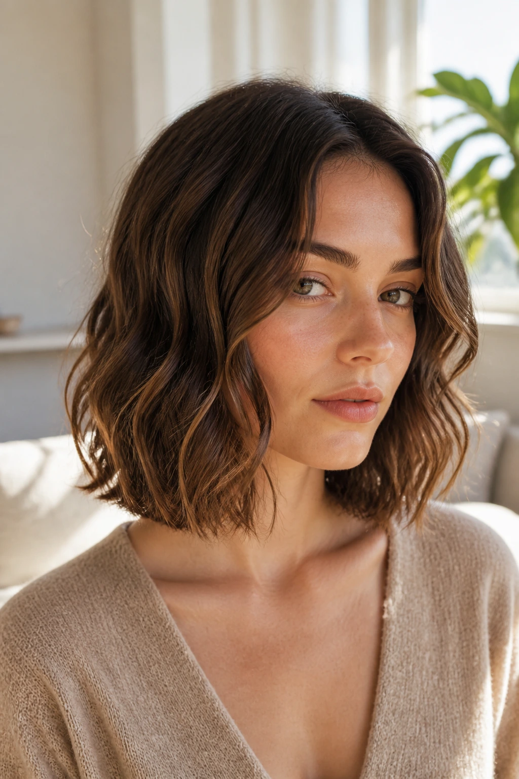 Portrait of a person with a collarbone-length lob and loose S-bends.