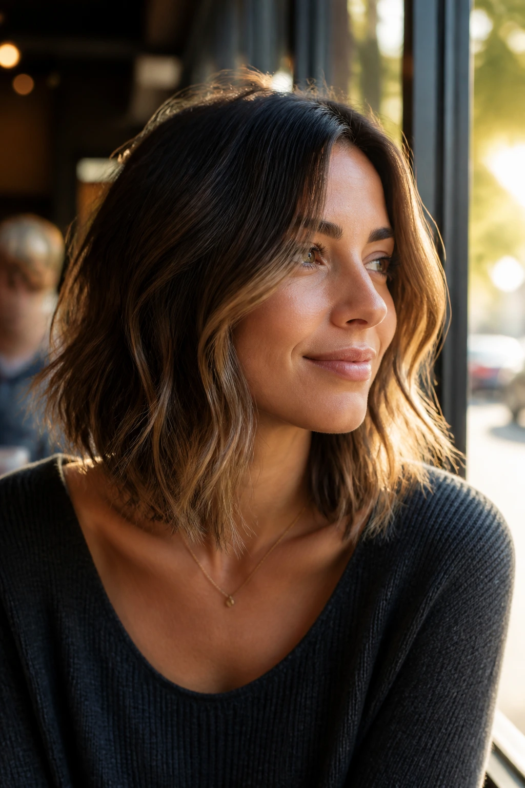Close-up of collarbone-length layered lob with loose waves in golden hour light.