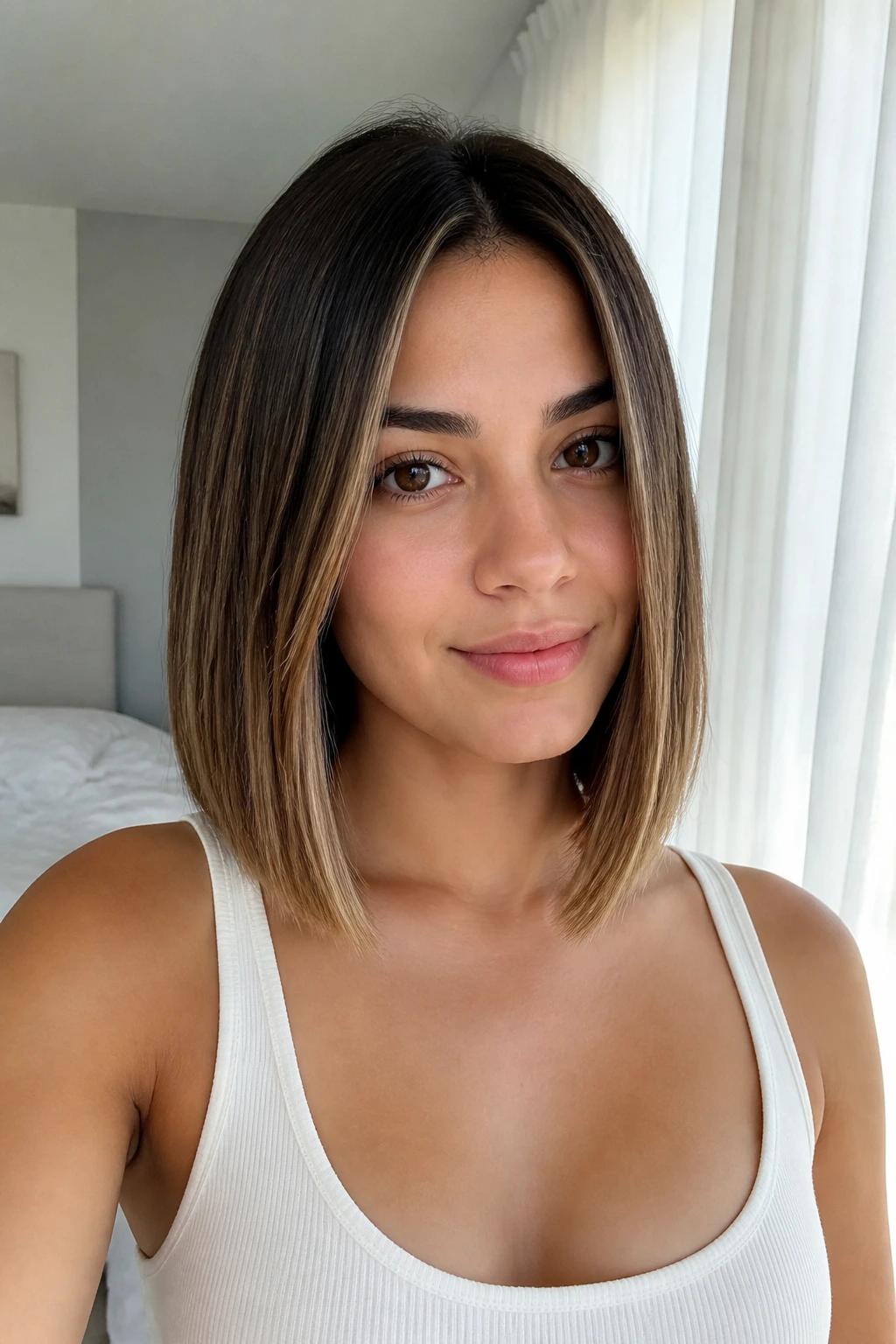 Close-up of a real woman with a collarbone-length lob on straight hair