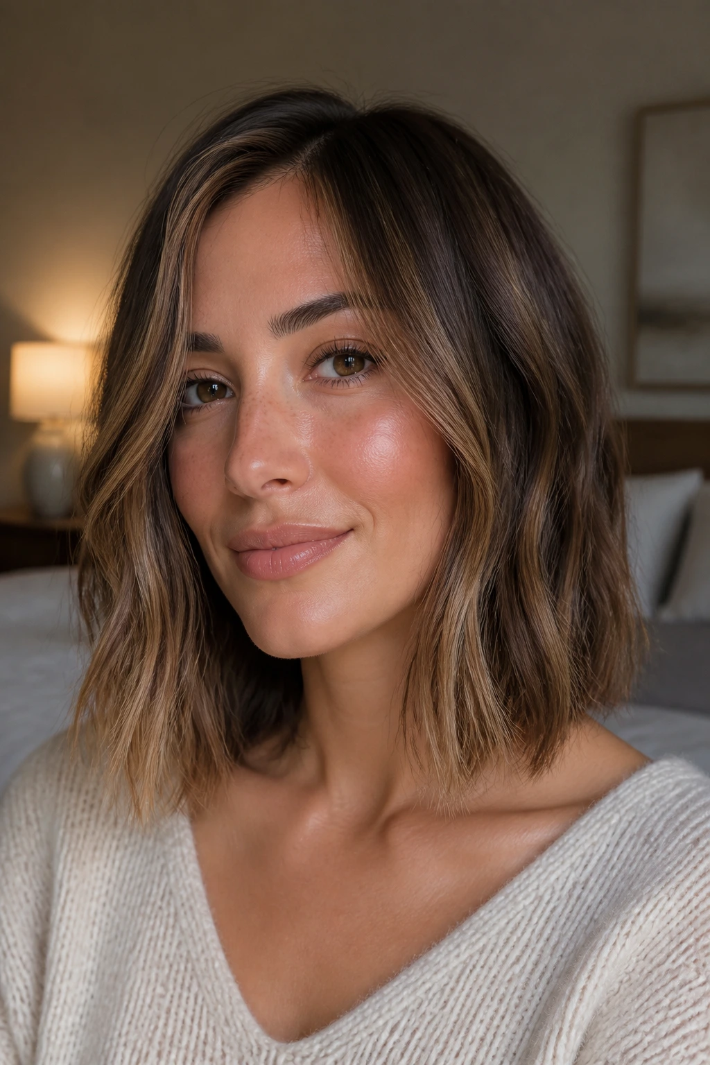 Close-up portrait of a real woman with a collarbone-length lob and soft waves.