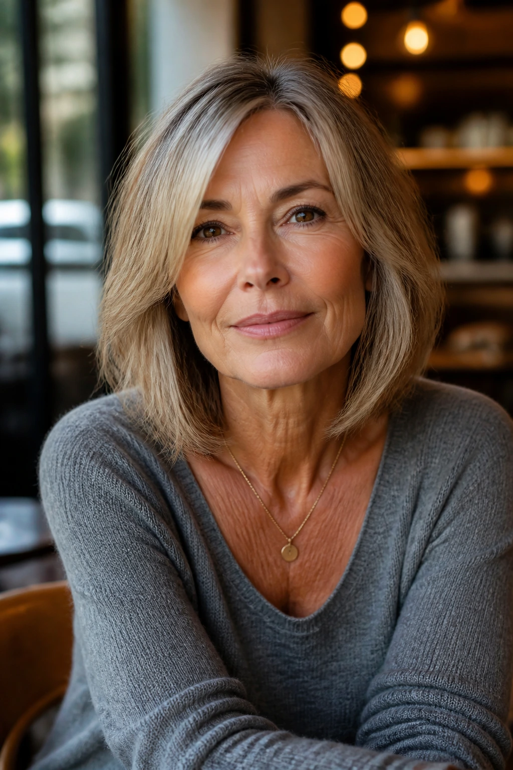 Close-up portrait of a real woman wearing a collarbone-length lob.
