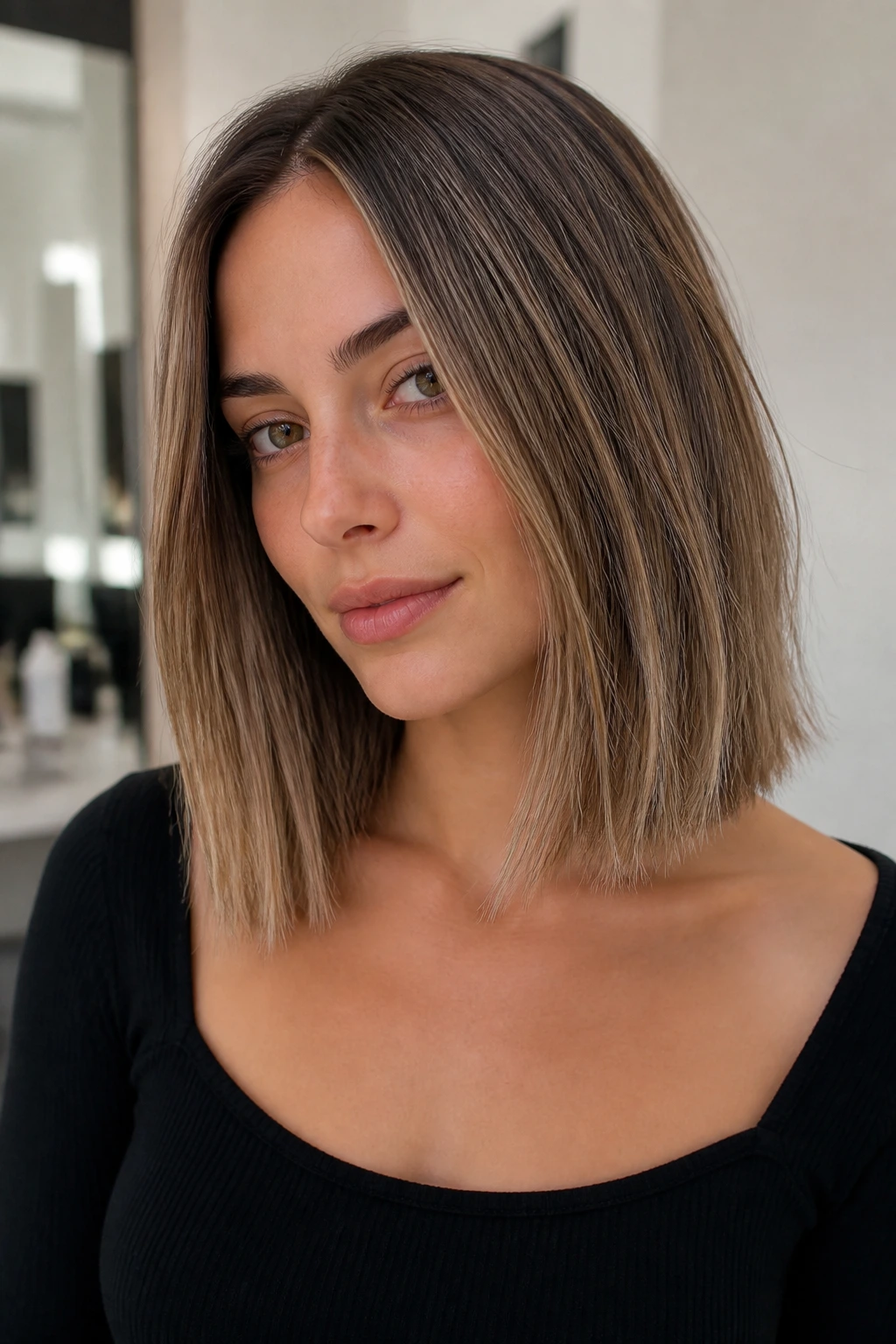 Close-up of a person with collarbone-length lob and razor texture
