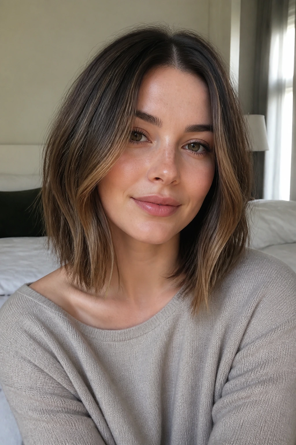 Close-up portrait of a real woman with a collarbone-length lob on a round face, warm window light.