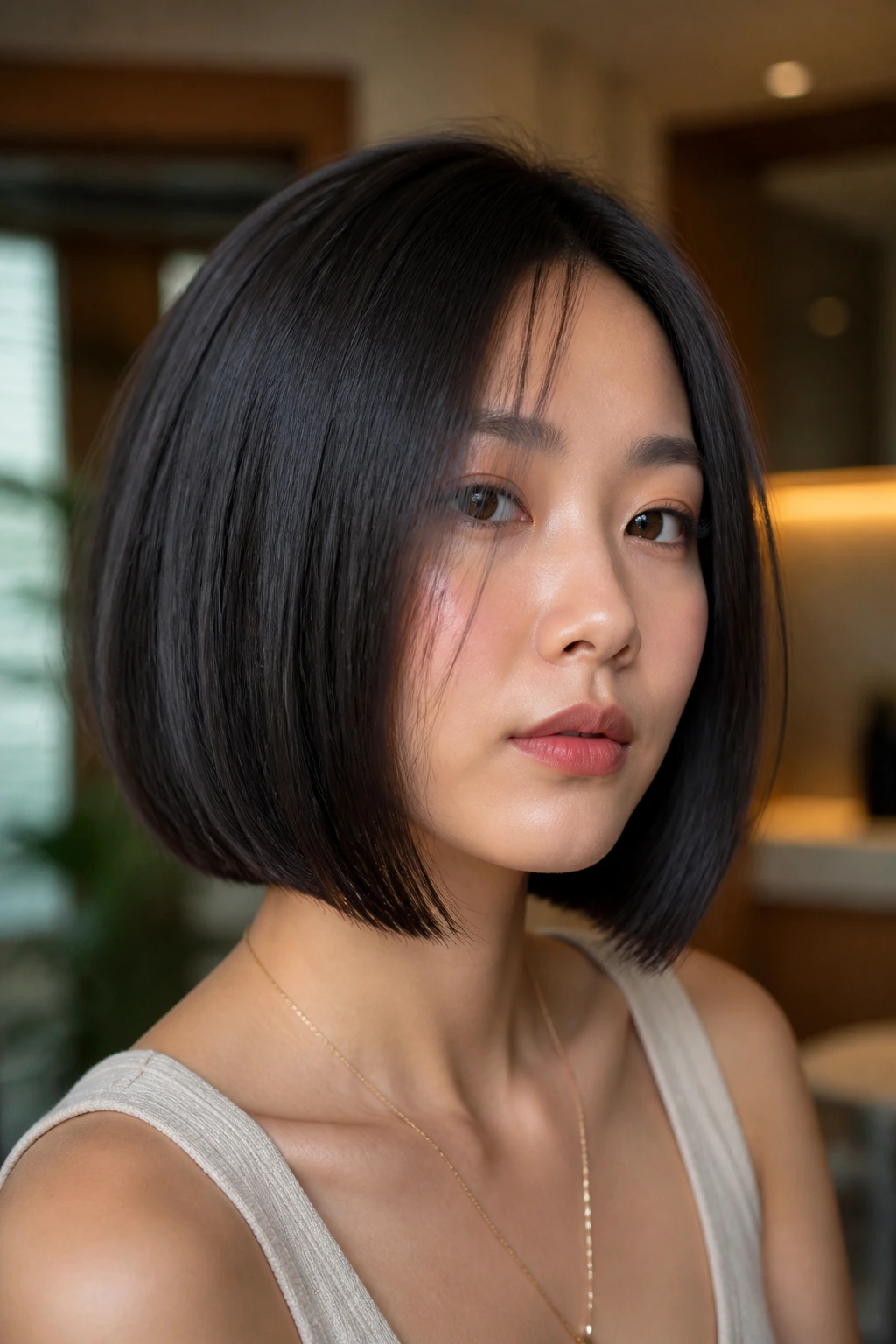 Close-up portrait of a real woman with a sharp collarbone-length lob