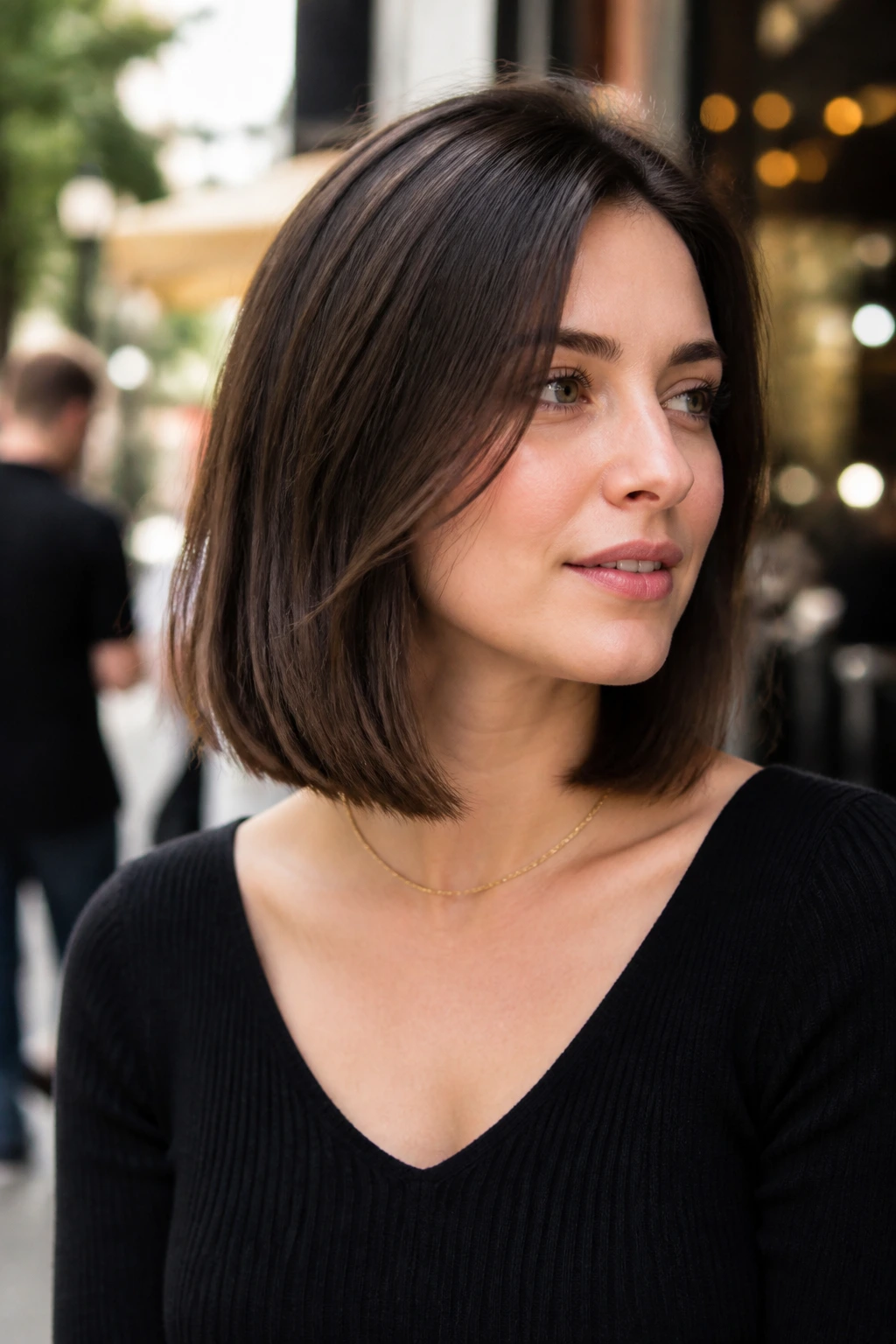 Portrait of a real woman with a short collarbone-length lob hairstyle