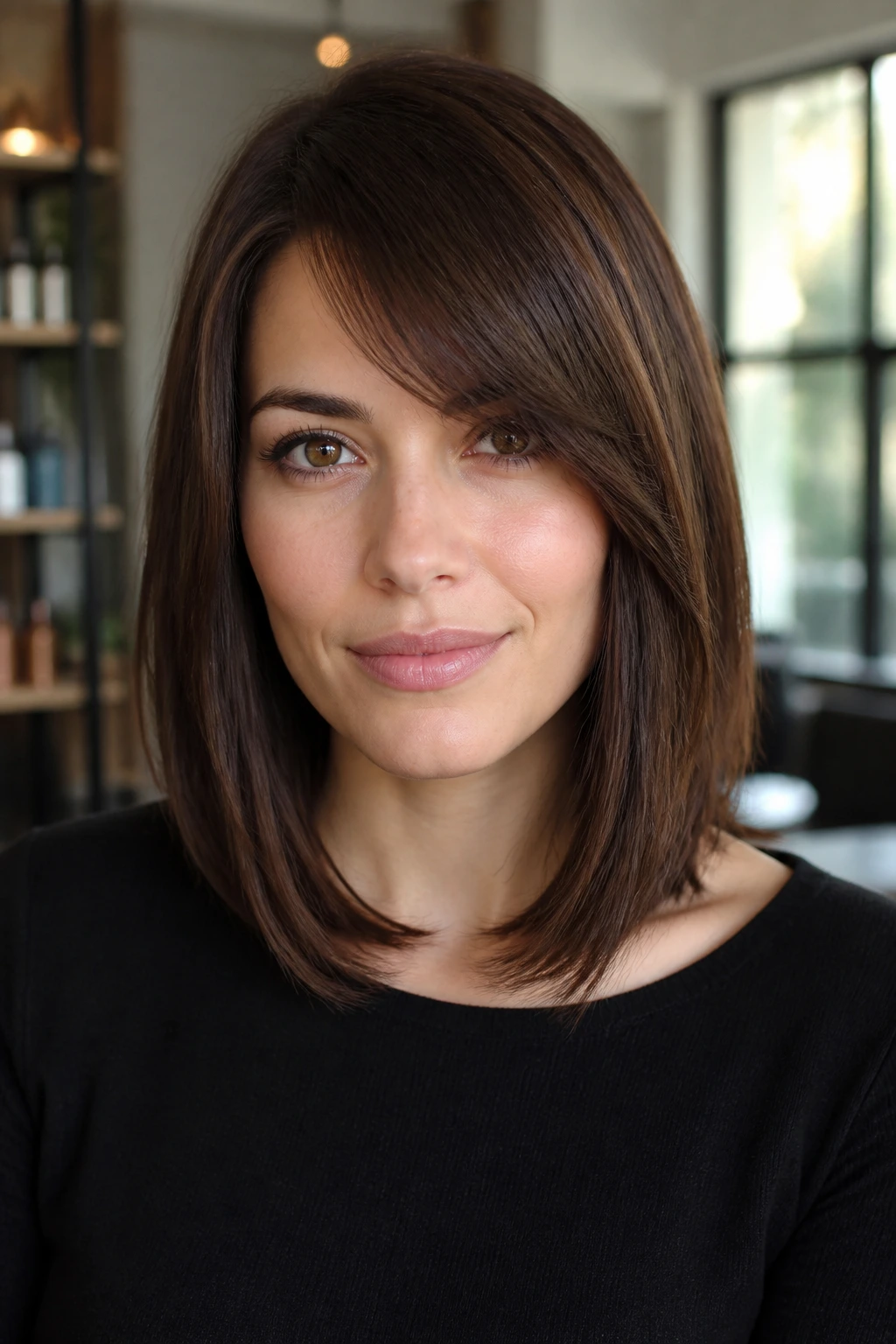 Close-up of a woman with a collarbone-length lob and sweeping side bangs