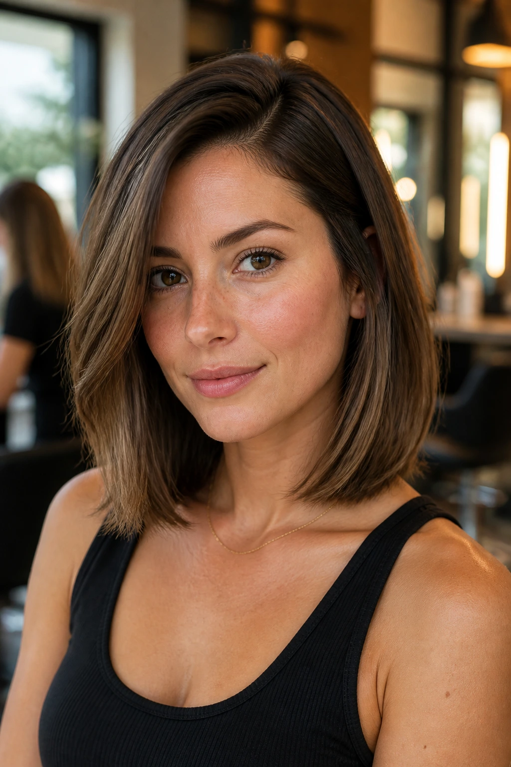 Close-up of collarbone-length lob with soft side part on a real person in a chic salon