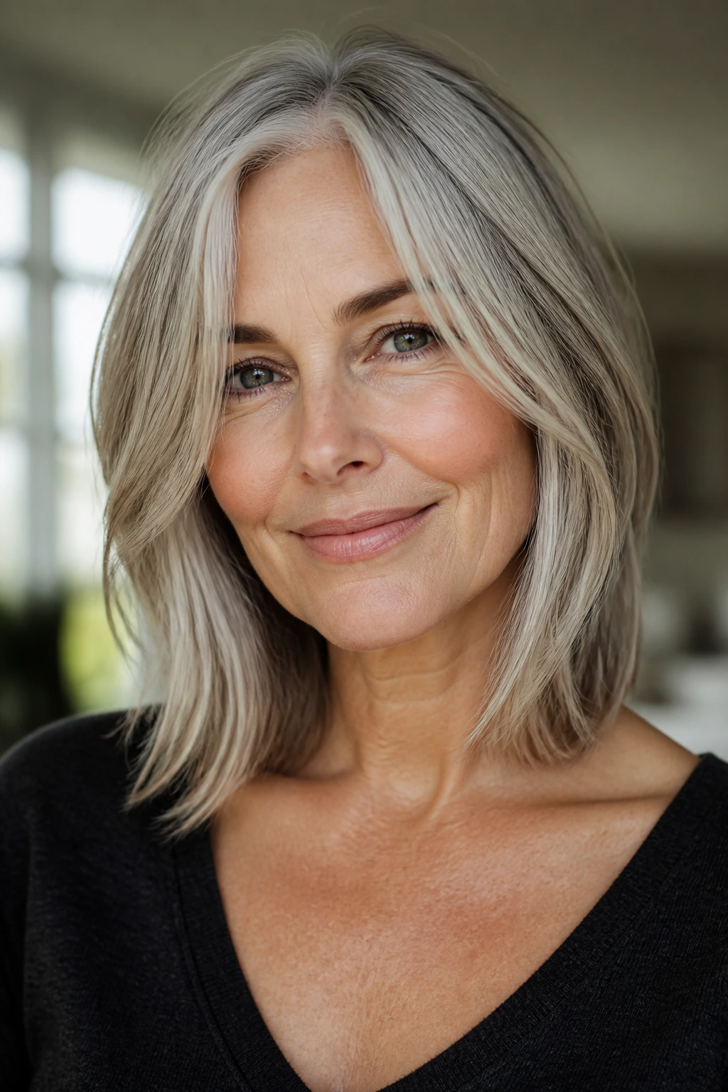 Real woman with collarbone-length lob and face-framing slides.