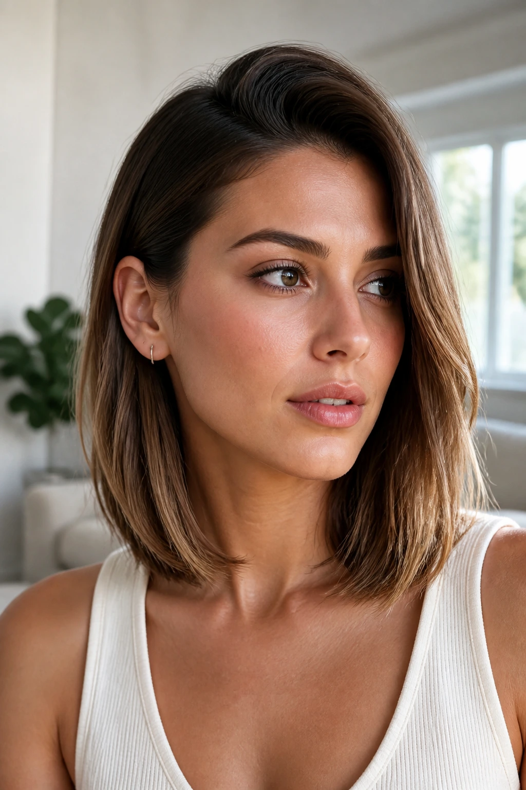 Portrait of a woman with collarbone-length lob and soft beveled ends