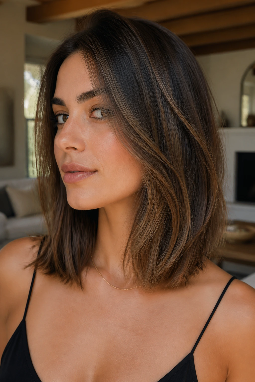 Real woman with collarbone-length lob showing soft internal layers