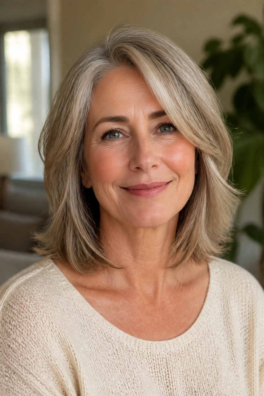 Close-up of a real woman with a collarbone-length lob and soft layers in natural window light