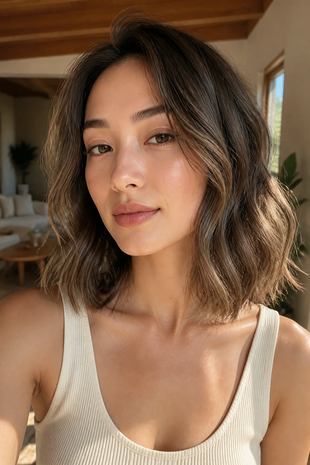 Close-up of a woman with a collarbone-length lob and soft waves