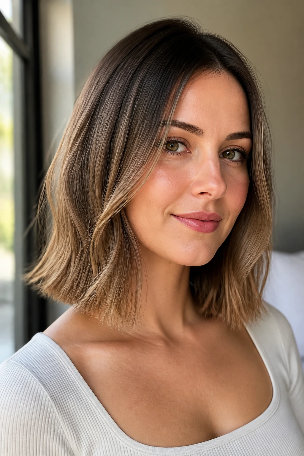 Close-up of a real woman with collarbone-length lob and soft ends under a warm window light.