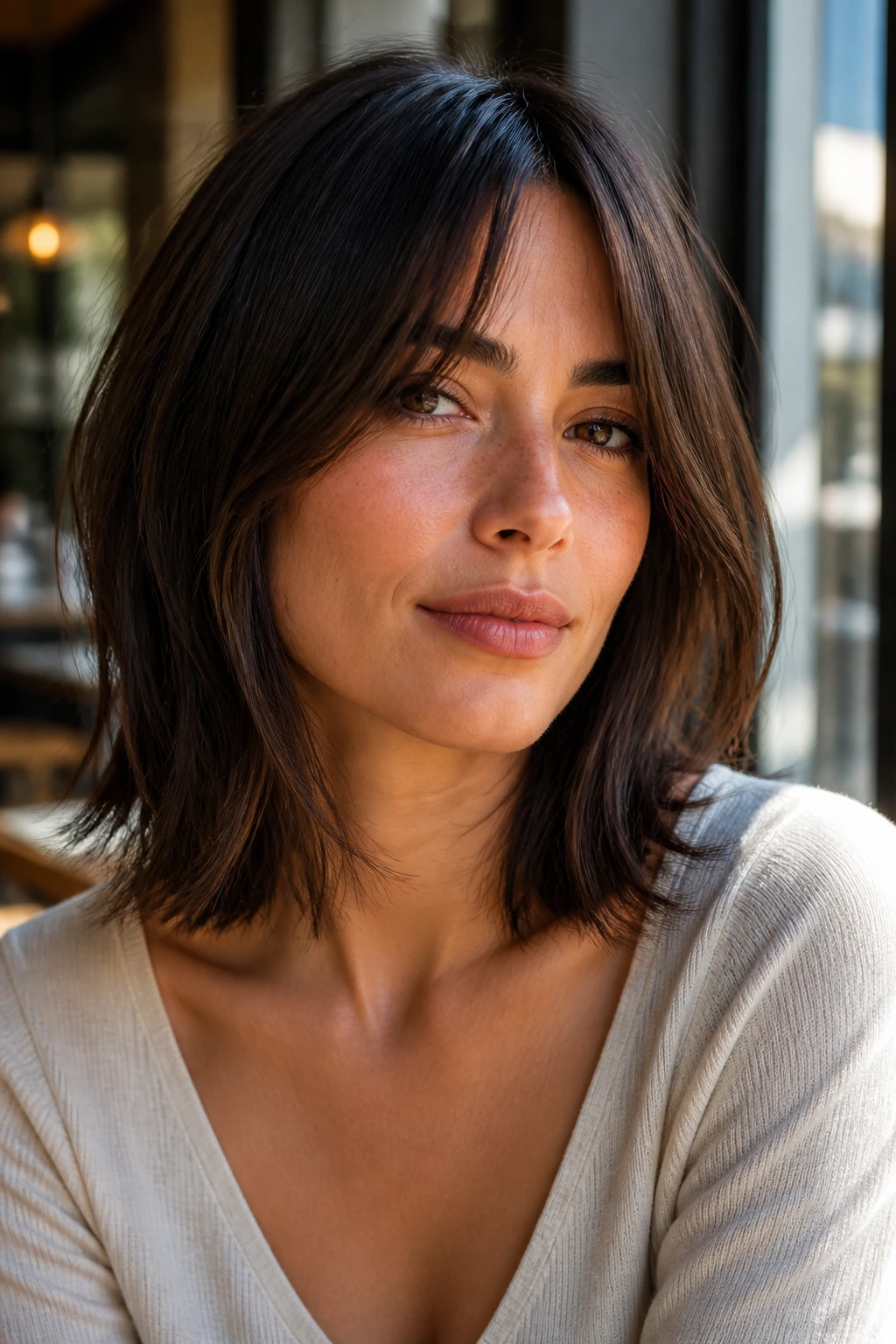 Close-up of a real person with collarbone-length lob and split fringe