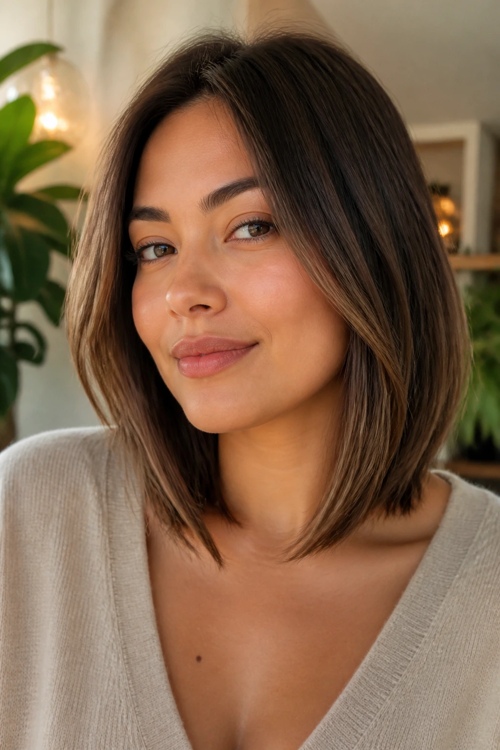 Portrait showing collarbone-length lob with tapered ends