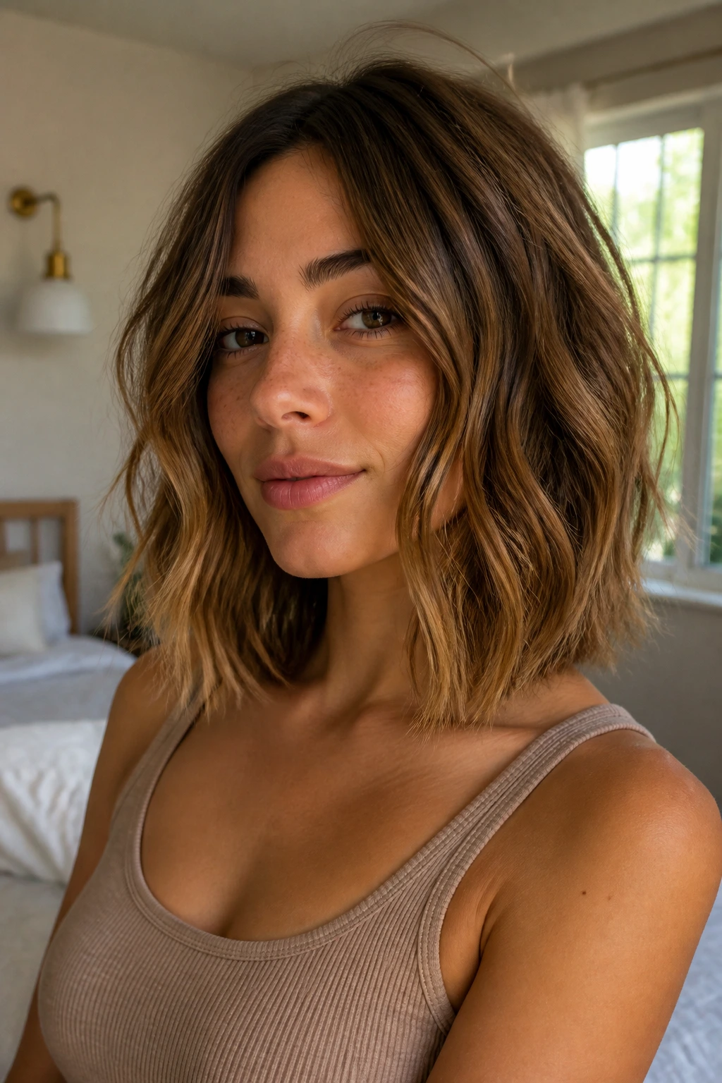 Close-up of a real person with a collarbone-length choppy lob and loose texture
