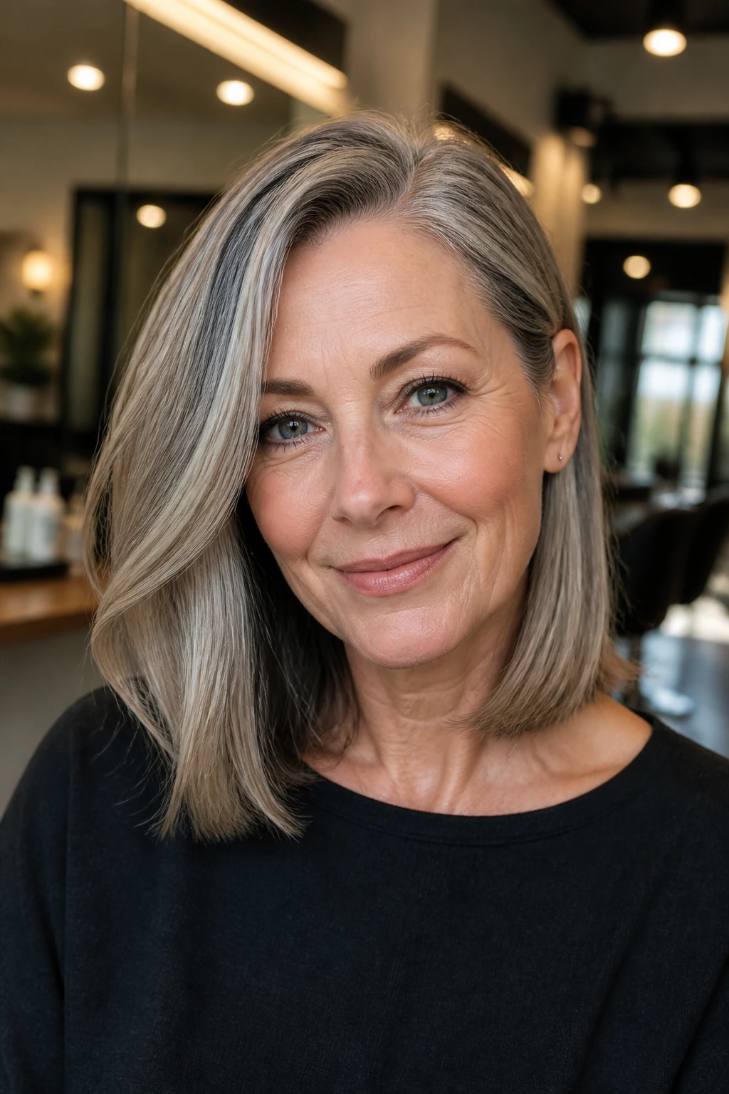 Portrait of a real woman with a collarbone-length lob and tucked-ear end.