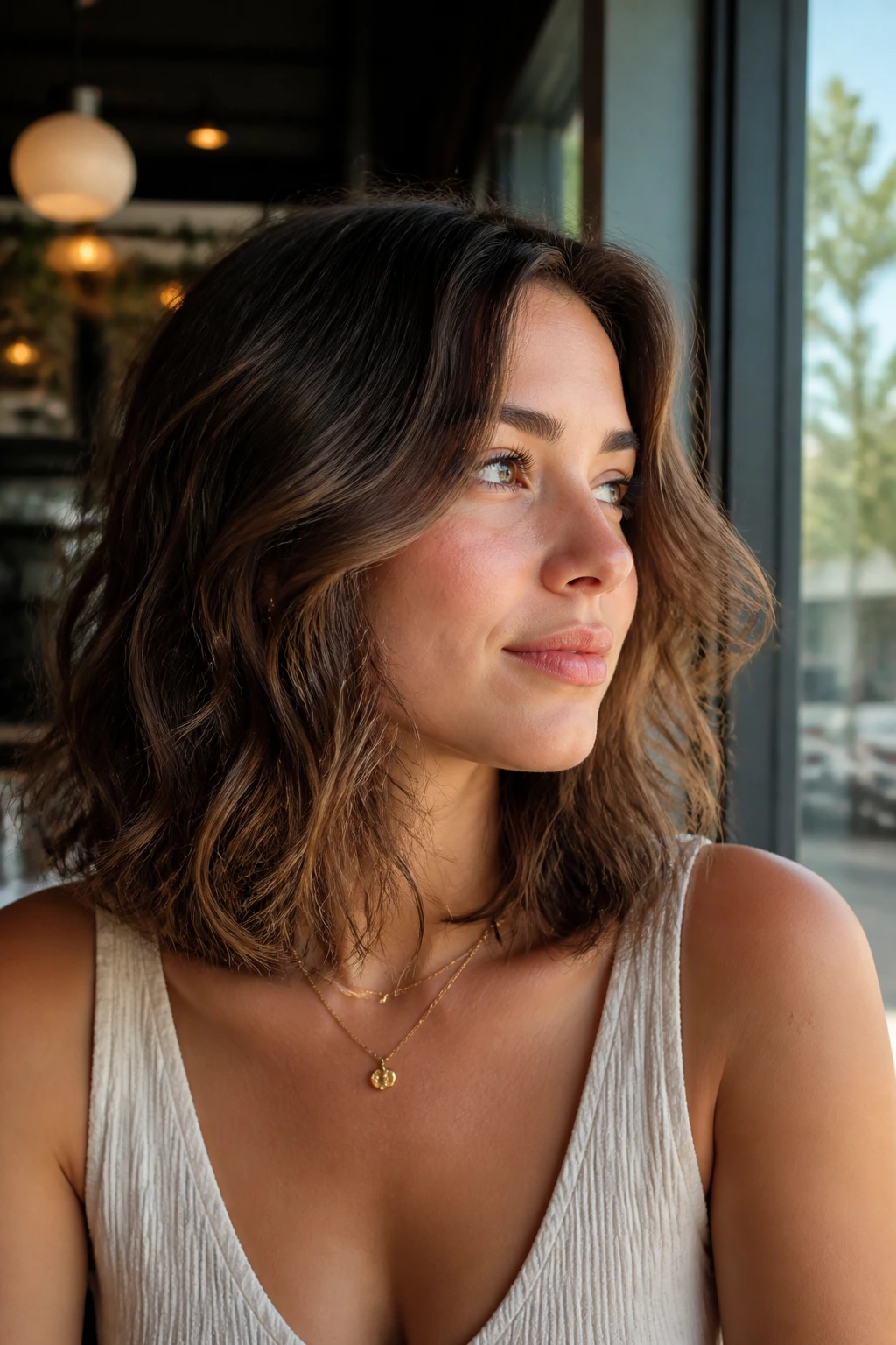 Close-up portrait of a person with collarbone-length wavy lob and visible waves