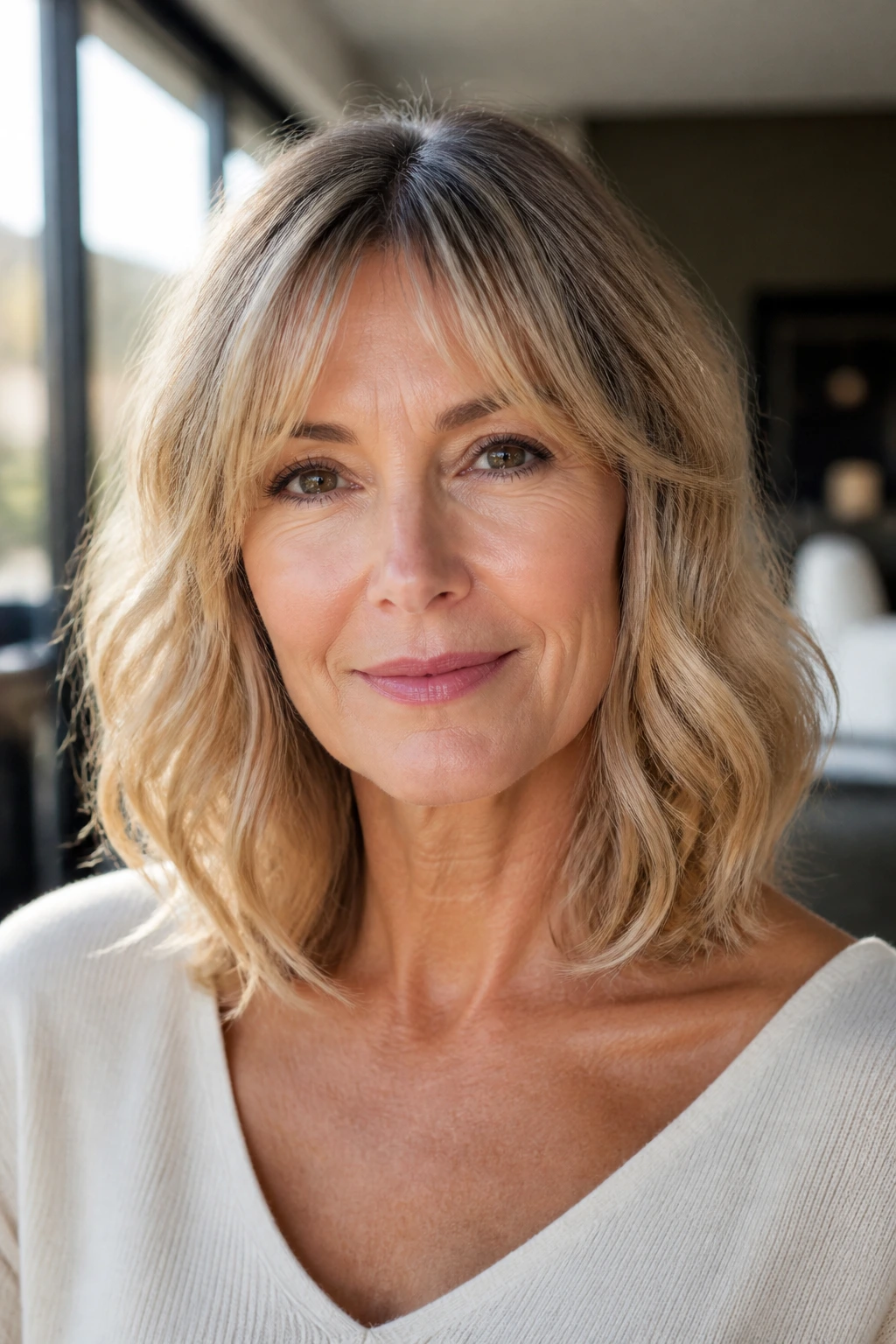Close-up of a woman with collarbone-length lob and soft waves