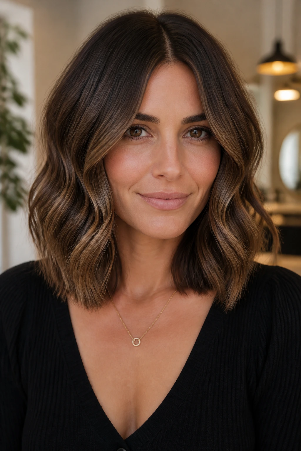 Portrait of a woman with a collarbone-length lob and center-part loose waves