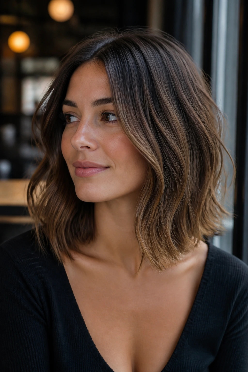 Close-up of collarbone-length lob with bent ends on a real person