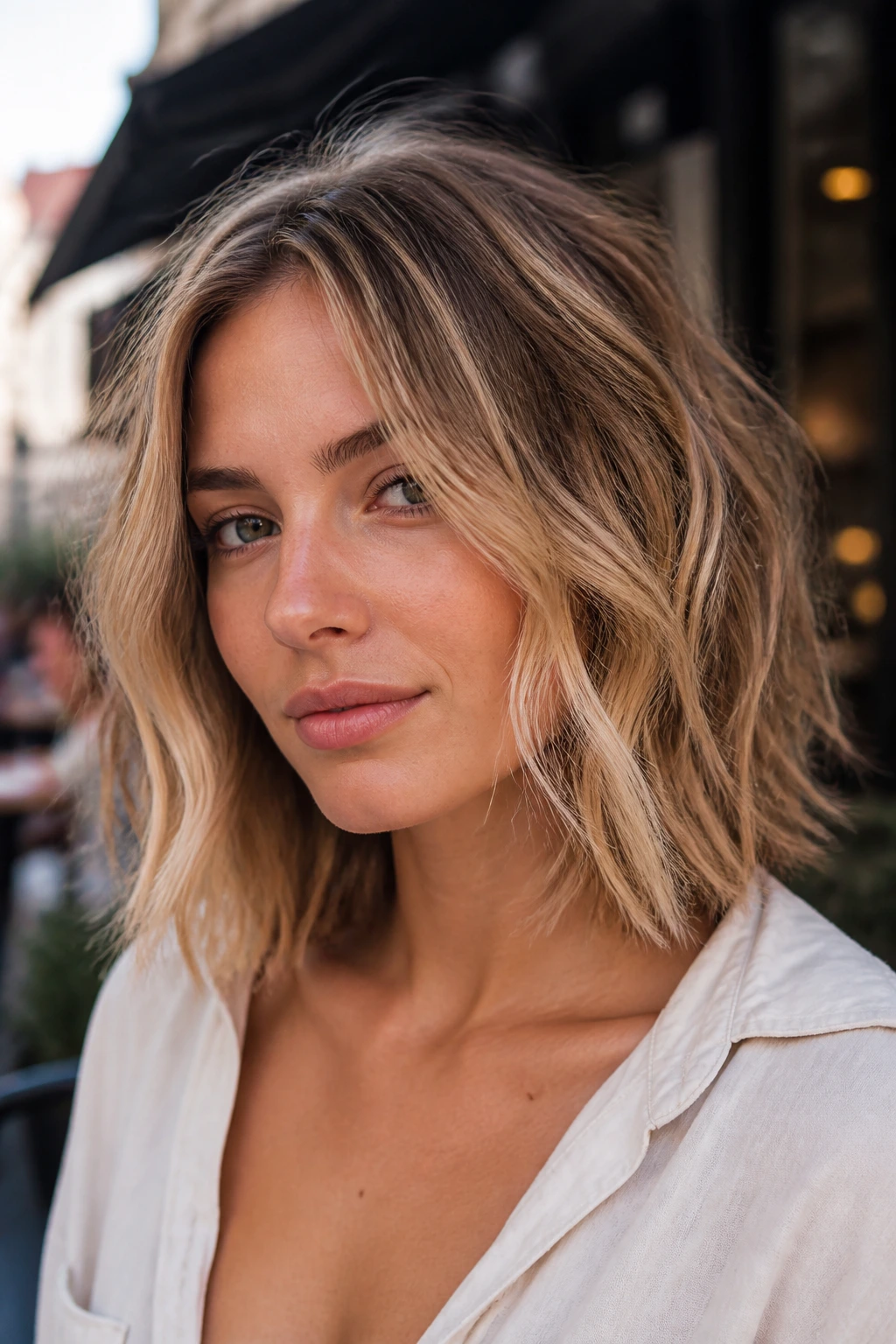 Portrait of collarbone-length messy beach waves