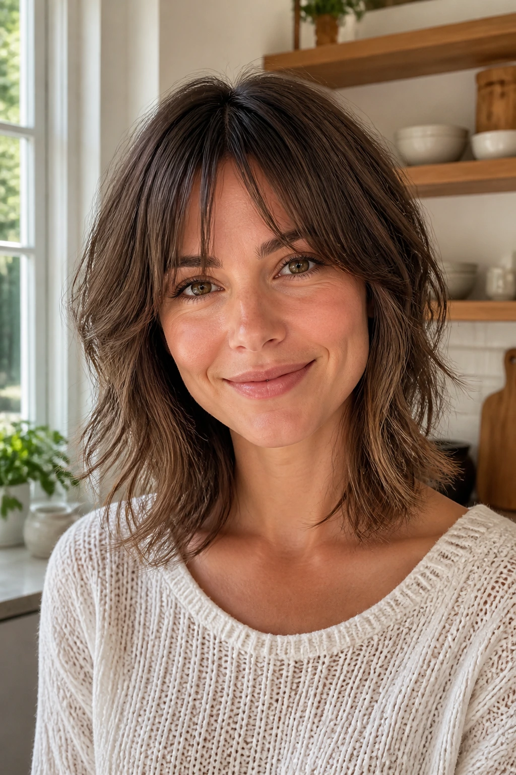 Close-up of real woman with collarbone mini shag