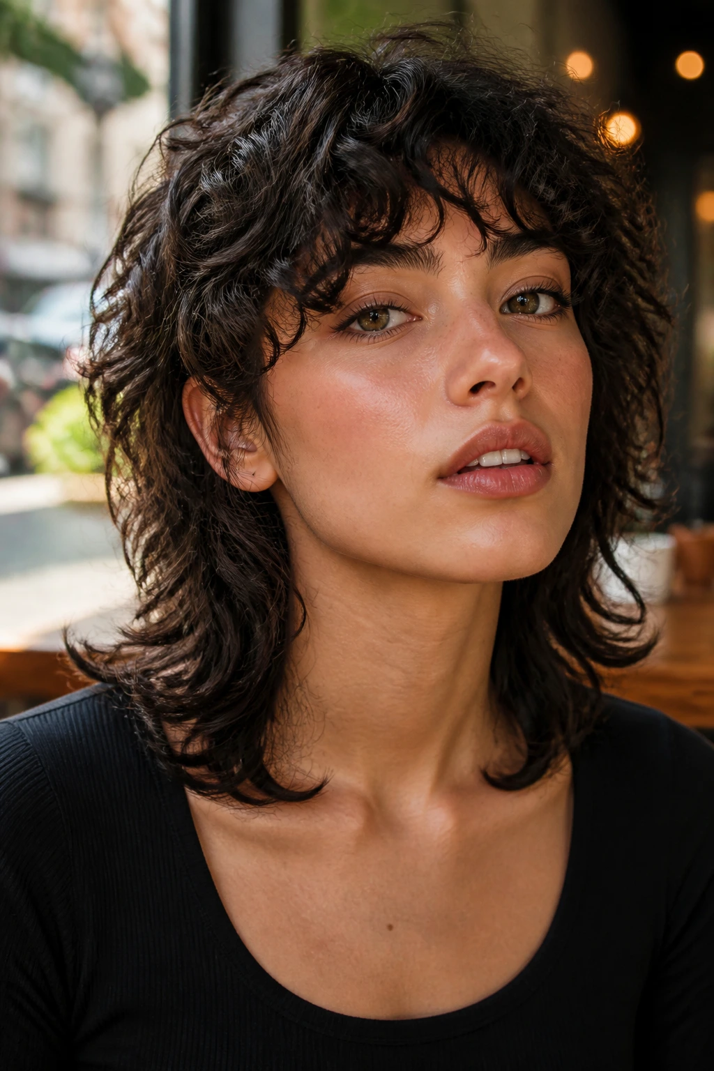 Close-up portrait of a real person with collarbone-length mullet and flipped ends in cafe light