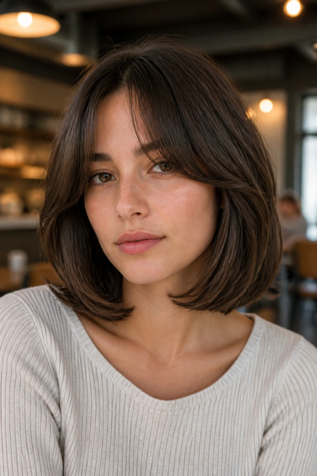 Real woman with collarbone-length pageboy and curtain bangs