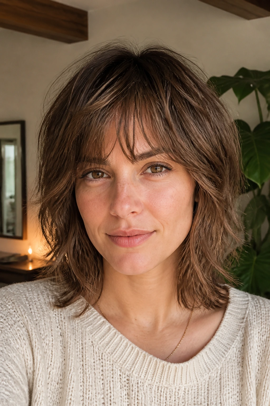 Close-up of real person with collarbone razor shag under warm ambient light