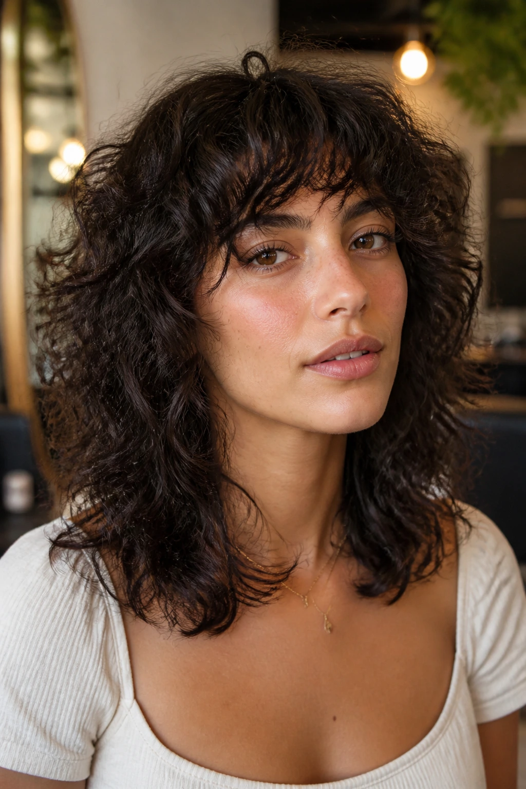 Close-up of a real person with collarbone-length razor shag hairstyle