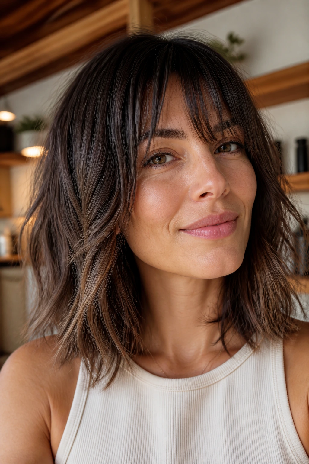 Real person with collarbone-length shag showing airy ends in warm natural light
