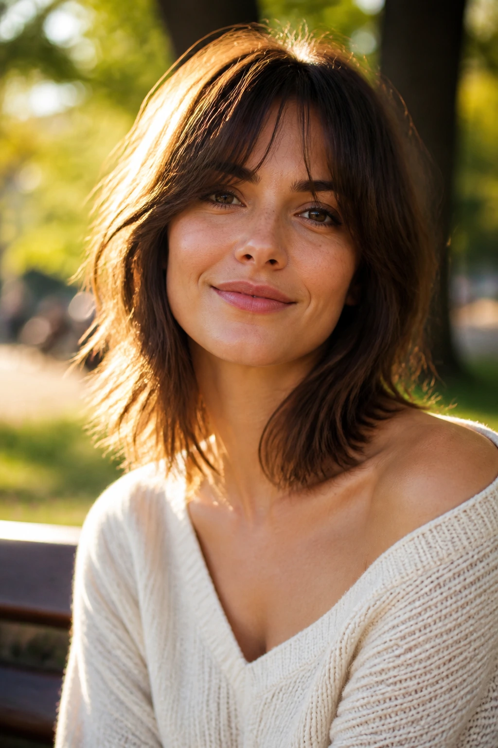 Real woman with collarbone shag and long Bardot bangs in golden hour light