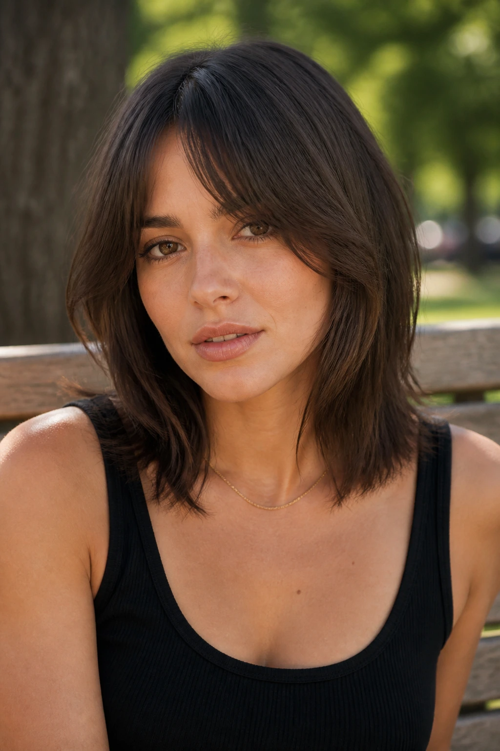 Woman with collarbone-length shag and Bardot bangs