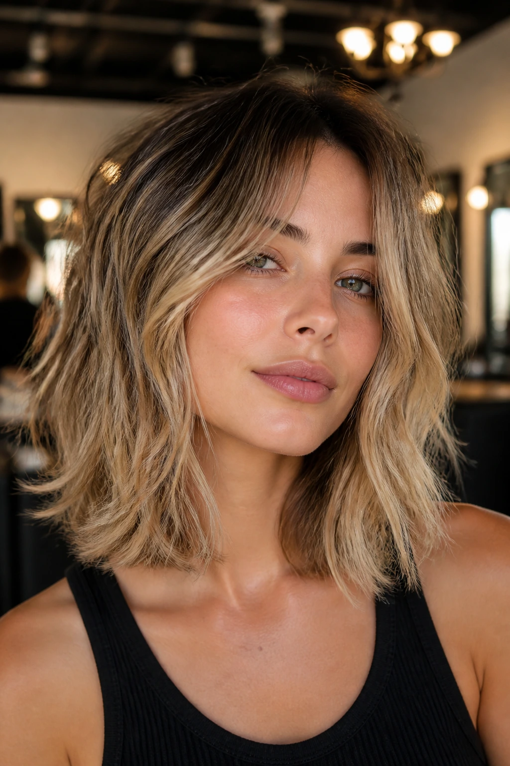 Close-up of a real person with beige blonde balayage shag
