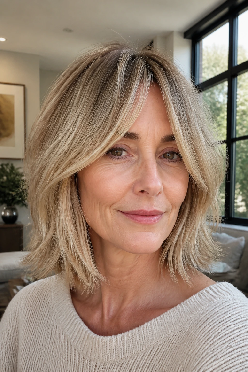 Real woman with collarbone-length shag bob and curtain bangs in bright living room light