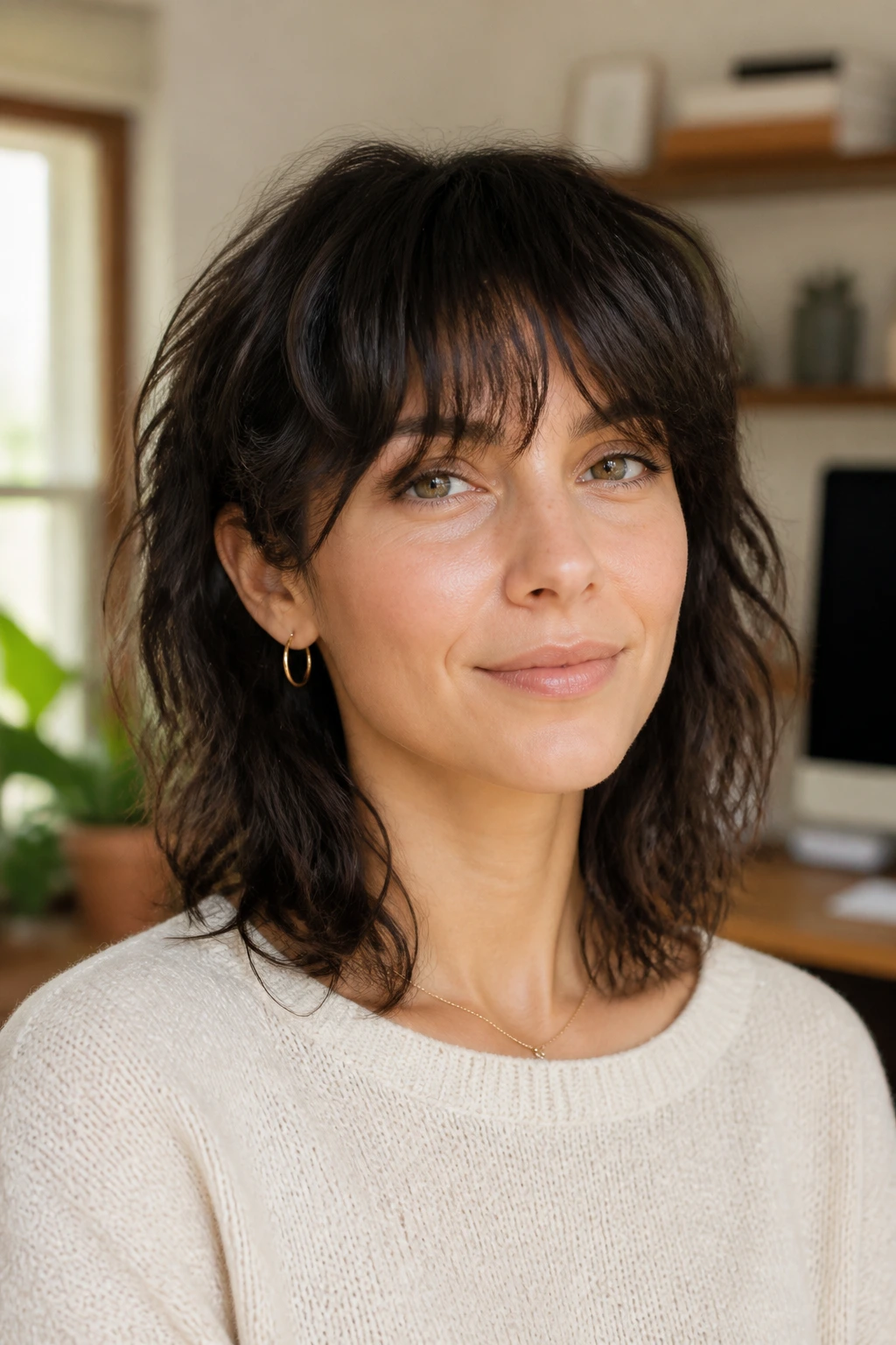 Close-up portrait of a real woman with collarbone-length shag and bottleneck bangs
