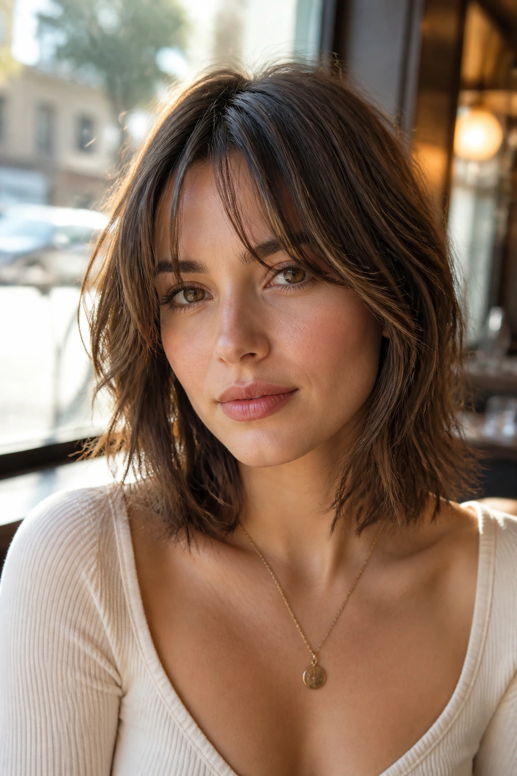 Close-up portrait of a real woman with collarbone-length shag and bottleneck bangs in a cafe.